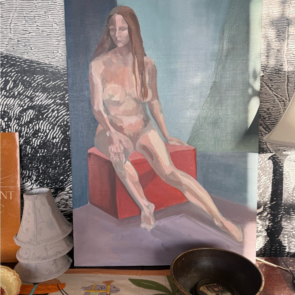 Elegant Nude Art Canvas with Red and Blue Tones